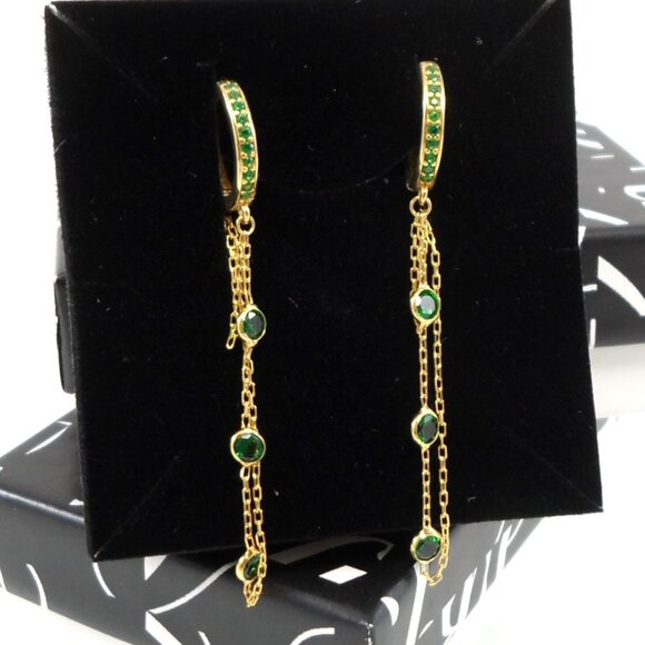 GABI RIELLE 14K Gold-Plated Sterling Emerald Crystal Dangle Pave Huggie Earrings - Picture 3 of 13